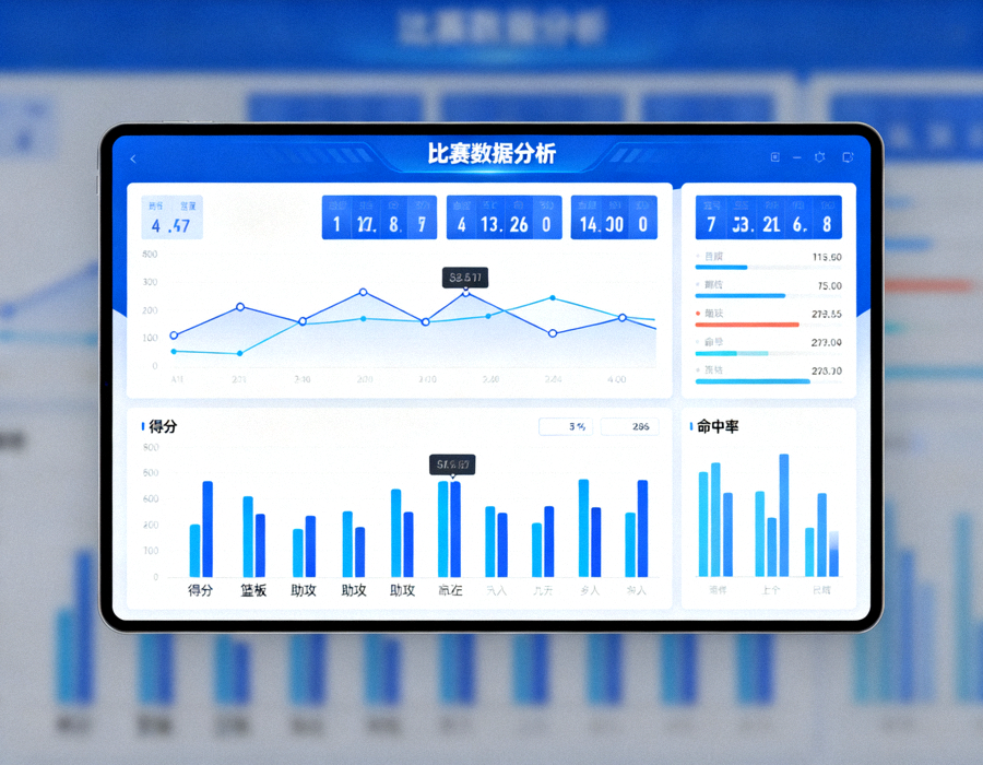 体育数据分析界面，展示比赛统计图表与数据指标的屏幕画面